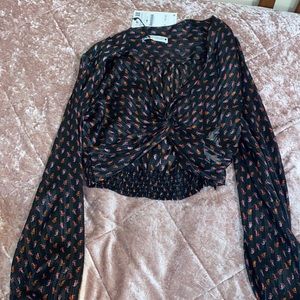 ZARA KNOTTED PRINT TOP BLACK/pink/red